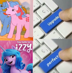Size: 726x735 | Tagged: safe, edit, imported from derpibooru, izzy moonbow, pony, unicorn, my little pony 'n friends, spoiler:g5, button, cutie mark, g1, g5, looking at you, open mouth, ruby, smiling, upgrade meme