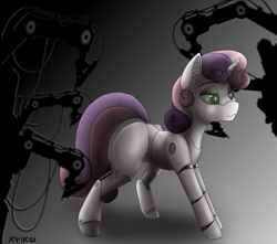 Size: 4000x3540 | Tagged: safe, artist:kviksi, imported from derpibooru, sweetie belle, pony, robot, robot pony, unicorn, :3, female, gray background, mechanical hands, simple background, sweetie bot