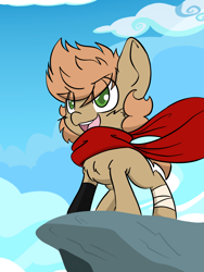 Size: 1536x2048 | Tagged: safe, artist:larrykitty, artist:php156, imported from derpibooru, oc, oc:himmel, earth pony, bandage, clothes, colt, earth pony oc, gloves, happy, herocolt, looking ahead, male, scarf, simon, tengen toppa gurren lagann