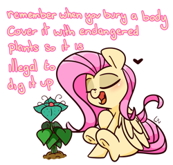 Size: 1500x1432 | Tagged: safe, artist:lou, imported from derpibooru, fluttershy, pegasus, pony, advice, cute, dissonant caption, eyes closed, female, frog (hoof), heart, implied death, implied murder, mare, meme, open mouth, plant, shyabetes, solo, text, underhoof