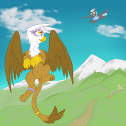 Size: 1280x1280 | Tagged: safe, artist:pzkratzer, imported from derpibooru, gilda, thunderlane, griffon, pegasus, belly button, clothes, female, flying, gildalane, jewelry, male, mountain, paw pads, ring, shipping, sketch, stallion, straight