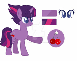 Size: 1280x1012 | Tagged: safe, artist:elidrawsthings, artist:lazuli0209, artist:mint-light, imported from derpibooru, oc, oc only, oc:cherry star, pony, unicorn, base used, blue eyes, cherry, color palette, cutie mark, deviantart watermark, female, food, horn, magical lesbian spawn, mane stripe, mare, obtrusive watermark, offspring, parent:tempest shadow, parent:twilight sparkle, parents:tempestlight, reference sheet, simple background, solo, unicorn oc, watermark, white background