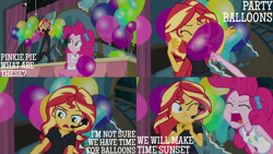 Size: 1280x720 | Tagged: safe, edit, edited screencap, editor:quoterific, imported from derpibooru, screencap, pinkie pie, sunset shimmer, all the world's off stage, equestria girls, equestria girls series, all the world's off stage: pinkie pie, balloon, clothes, cutie mark, cutie mark on clothes, eyes closed, female, geode of sugar bombs, jewelry, magical geodes, necklace, one eye closed, open mouth, screaming, tanktop, that pony sure does love balloons