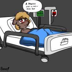 Size: 4000x4000 | Tagged: safe, artist:beep, imported from ponybooru, oc, oc only, oc:cardiomyapothy, earth pony, pony, bags under eyes, bed, blood bag, blushing, dialogue box, gray background, heart monitor, hospital bed, hospital visit, implied anon, iv drip, looking at you, simple background, solo, tired, wholesome