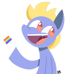 Size: 1600x1600 | Tagged: safe, artist:whitelie, imported from derpibooru, oc, oc only, earth pony, pony, chibi, colored pupils, earth pony oc, gay pride flag, lgbt flag, open mouth, pride, pride flag, signature, simple background, smiling, solo, transparent background