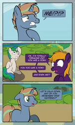 Size: 1920x3169 | Tagged: safe, artist:alexdti, oc, oc:ale, oc:marco, oc:umberto, pegasus, unicorn, comic:quest for friendship, female, freaking out, male, mare, outdoors, scenery, stallion