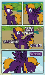 Size: 1920x3169 | Tagged: safe, artist:alexdti, oc, oc:ale, pegasus, comic:quest for friendship, female, happy, imminent fail, mare, outdoors, ponyville, scenery, spread wings, wings