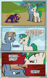 Size: 1920x3169 | Tagged: safe, artist:alexdti, oc, oc:ale, oc:marco, oc:umberto, pegasus, unicorn, comic:quest for friendship, ale can't fly, female, imminent fail, male, mare, outdoors, scenery, stallion