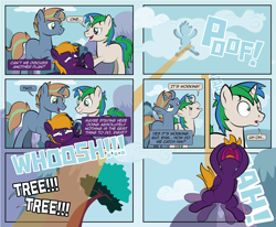 Size: 4724x3898 | Tagged: safe, artist:alexdti, oc, oc:ale, oc:marco, oc:umberto, pegasus, unicorn, comic:quest for friendship, ale can't fly, catapult, falling with style, female, impact silouette, male, mare, onomatopoeia, screaming, stallion, tree