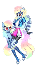 Size: 1920x3765 | Tagged: safe, artist:melanyoprisdraws, imported from derpibooru, rainbow dash, pony, equestria girls, alternate hairstyle, boots, clothes, compression shorts, duo, female, fingerless gloves, gloves, grin, jacket, looking at each other, mare, ponied up, rainbow socks, self paradox, self ponidox, shoes, simple background, skirt, smiling, socks, striped socks, tanktop, transparent background