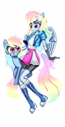 Size: 2089x4096 | Tagged: safe, artist:melanyoprisdraws, imported from derpibooru, rainbow dash, pony, equestria girls, alternate hairstyle, boots, clothes, compression shorts, duo, female, fingerless gloves, gloves, grin, jacket, looking at each other, mare, ponied up, rainbow socks, self paradox, self ponidox, shoes, simple background, skirt, smiling, socks, striped socks, tanktop, white background