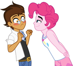 Size: 4000x3488 | Tagged: safe, imported from ponybooru, pinkie pie, oc, oc:copper plume, equestria girls, blushing, bubble berry, canon x oc, clothes, commission, commissioner:imperfectxiii, gay, glasses, happy, love, male, pants, pink hair, rule 63, shipping