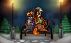 Size: 4096x2515 | Tagged: safe, artist:deraniel, imported from derpibooru, oc, oc:digidash, oc:grimvale, griffon, pegasus, pony, bench, clothes, gay, griffon oc, male, males only, night, park, pegasus oc, romantic, scarf, sitting, wings, winter