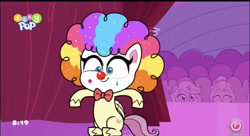 Size: 828x452 | Tagged: safe, imported from derpibooru, screencap, fluttershy, pegasus, pony, lolly-pop, my little pony: pony life, spoiler:pony life s02e19, clown, clown makeup, clown nose, clown wig, cute, female, flutterclown, mare, shyabetes, solo focus