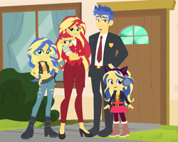 Size: 3794x3032 | Tagged: safe, artist:chuyryu, imported from derpibooru, flash sentry, sunset shimmer, oc, oc:aura dawn, oc:evening glow(chuyryu), equestria girls, belly button, father and child, father and daughter, female, flashimmer, future, high res, male, mama sunset, mother and child, mother and daughter, offspring, older, older flash sentry, older sunset, parent:flash sentry, parent:sunset shimmer, parents:flashimmer, principal sunset, shipping, siblings, sisters, straight