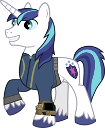 Size: 1024x1254 | Tagged: safe, artist:ponygamer2020, artist:sakatagintoki117, imported from derpibooru, shining armor, pony, unicorn, fallout equestria, clothes, fallout, jumpsuit, male, pipboy, simple background, smiling, solo, stallion, transparent background, vault suit, vector