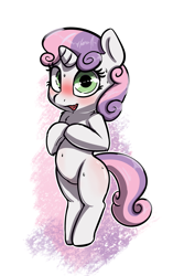 Size: 1358x2156 | Tagged: safe, artist:nottrevbe, imported from derpibooru, sweetie belle, pony, unicorn, awkward smile, belly button, bipedal, blushing, cute, diasweetes, female, filly, flustered, legs together, open mouth, smiling, solo, solo female, standing on two hooves, sweat