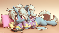 Size: 2880x1620 | Tagged: safe, artist:ohemo, imported from derpibooru, trixie, pony, unicorn, alternate hairstyle, babysitter trixie, chill, clothes, cute, diatrixes, food, gameloft, gameloft interpretation, hoodie, lying down, pillow, popcorn, prone, remote