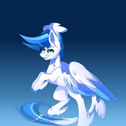 Size: 1080x1080 | Tagged: safe, artist:tessa_key_, imported from derpibooru, oc, oc only, pegasus, pony, feathered fetlocks, gradient background, hoof polish, pegasus oc, rearing, smiling, solo, two toned wings, wings
