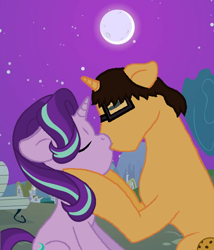 Size: 468x546 | Tagged: safe, artist:brandonthebronypony, imported from derpibooru, starlight glimmer, oc, oc:brandon, canon x oc, female, full moon, kissing, male, moon, night, shipping, straight