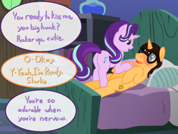 Size: 1600x1200 | Tagged: safe, artist:brandonthebronypony, imported from derpibooru, starlight glimmer, oc, oc:brandon, pony, unicorn, bed, blushing, butt, canon x oc, female, glimmer glutes, lying down, male, mare, on back, plot, shipping, straight