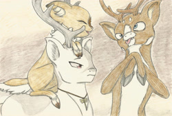 Size: 2981x2012 | Tagged: safe, artist:cindertale, imported from derpibooru, oc, oc only, oc:cinder, deer, reindeer, :p, antlers, brothers, bust, derp, ear fluff, high res, jewelry, male, necklace, riding, siblings, tongue out, traditional art, unamused