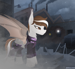 Size: 2160x1968 | Tagged: safe, artist:andaluce, imported from derpibooru, oc, oc only, oc:choco blanc, bat pony, pony, bat pony oc, bat wings, bodysuit, clothes, industrial, lineless, snow, snowfall, solo, wings