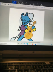 Size: 1280x1707 | Tagged: safe, artist:sugarbugjewelpet, imported from derpibooru, trixie, pony, unicorn, bipedal, clothes, eyes closed, female, guitar, hoof hold, mare, musical instrument, photo, picture of a screen, shirt, simple background, solo, white background