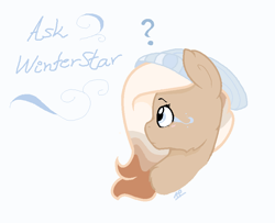 Size: 844x684 | Tagged: safe, artist:cookietasticx3, imported from derpibooru, oc, oc only, oc:winter star, pegasus, pony, ask, beanie, bust, female, hat, mare, pegasus oc, simple background, solo, white background, wings