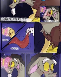 Size: 540x676 | Tagged: safe, artist:cocolove2176, imported from derpibooru, discord, butterfly, draconequus, comic:fluttering chaos, blushing, comic, dialogue, implied fluttershy, male