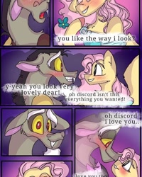 Size: 540x676 | Tagged: safe, artist:cocolove2176, imported from derpibooru, discord, fluttershy, draconequus, pegasus, pony, comic:fluttering chaos, blushing, clothes, colored hooves, comic, discoshy, dress, female, gala dress, looking at each other, male, mare, raised hoof, shipping, smiling, straight