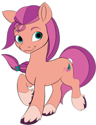 Size: 655x853 | Tagged: safe, artist:108fiona8fay, imported from derpibooru, sunny starscout, earth pony, pony, braid, female, g5, mare, raised hoof, simple background, smiling, solo, transparent background, unshorn fetlocks