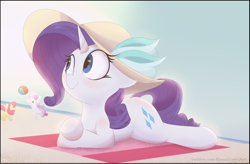 Size: 5000x3284 | Tagged: safe, artist:chaosllama, imported from derpibooru, apple bloom, rarity, sweetie belle, pony, unicorn, beach, beach ball, beach towel, cute, cutie mark, female, hat, high res, lying down, mare, prone, raribetes, solo focus, sun hat