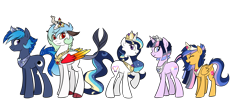 Size: 2424x968 | Tagged: safe, artist:le-poofe, imported from derpibooru, oc, oc only, oc:delilah, oc:ella, oc:moonlight tsukyuomi, oc:sparkling radiance, oc:starry dream, alicorn, earth pony, hybrid, pegasus, pony, unicorn, crown, ethereal mane, female, interspecies offspring, jewelry, male, mare, next generation, offspring, parent:discord, parent:flash sentry, parent:princess cadance, parent:princess celestia, parent:princess luna, parent:shining armor, parent:twilight sparkle, parents:dislestia, parents:flashlight, parents:shiningcadance, peytral, regalia, royalty, simple background, stallion, starry mane, transparent background