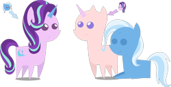 Size: 4086x2080 | Tagged: safe, artist:estories, edit, editor:slayerbvc, imported from derpibooru, vector edit, starlight glimmer, trixie, pony, unicorn, bald, casual nudity, female, furless, furless edit, mare, nudity, pointy ponies, ponysuit, simple background, transparent background, trixie suit, vector