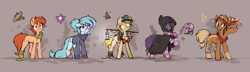 Size: 1933x557 | Tagged: safe, artist:rexyseven, imported from derpibooru, oc, oc only, oc:drillie stone, oc:rusty gears, oc:whispy slippers, earth pony, pony, unicorn, blank eyes, cloak, clothes, cutie mark, glasses, kerchief, lantern, multiple heads, scarf, slippers, socks, striped socks, sweater, two heads