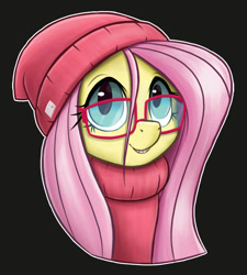 Size: 743x826 | Tagged: safe, artist:ikarooz, imported from derpibooru, fluttershy, pegasus, pony, beanie, black background, braces, bust, clothes, cute, female, glasses, hat, looking at you, mare, outline, portrait, shyabetes, simple background, smiling, solo, stray strand, sweater, sweatershy, teenager, turtleneck, white outline, younger