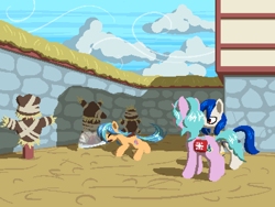 Size: 800x600 | Tagged: safe, artist:rangelost, imported from derpibooru, oc, oc only, oc:healing spring, oc:sapphire kite, earth pony, pony, unicorn, cyoa:d20 pony, dummy, female, mare, mouth hold, outdoors, pixel art, sword, training dummy, weapon