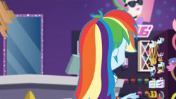 Size: 3410x1920 | Tagged: safe, imported from derpibooru, screencap, rainbow dash, equestria girls, equestria girls series, holidays unwrapped, spoiler:eqg series (season 2), clothes, cutie mark, cutie mark on clothes, dashing through the mall, female, geode of super speed, hoodie, jewelry, magical geodes, necklace, rear view, solo