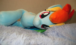 Size: 3008x1790 | Tagged: safe, artist:lanacraft, imported from derpibooru, rainbow dash, original species, pegasus, plush pony, pony, bed, female, irl, looking at you, lying down, mare, photo, plushie, smiling, smiling at you
