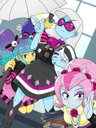 Size: 1668x2224 | Tagged: safe, artist:batipin, imported from derpibooru, photo finish, pixel pizazz, violet blurr, equestria girls, camera, female, the snapshots, trio, trio female, tripod, umbrella