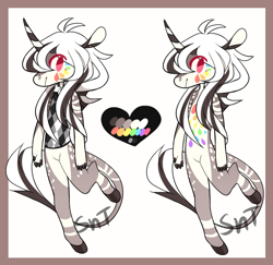 Size: 720x699 | Tagged: safe, artist:sweet-n-treat, imported from derpibooru, oc, oc only, anthro, unguligrade anthro, unicorn, abstract background, duo, heart, horn, male, signature, smiling, unicorn oc