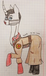 Size: 2023x3343 | Tagged: safe, artist:agdapl, imported from derpibooru, pony, unicorn, boots, clothes, face mask, glasses, graph paper, high res, horn, male, mask, medic, ponified, raised hoof, shoes, signature, stallion, team fortress 2, traditional art