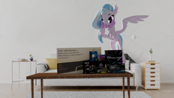 Size: 1920x1080 | Tagged: safe, artist:dianetgx, imported from derpibooru, silverstream, 3d, 3d render, boxes, excited, grin, happy, living room, sfm pony, smiling, source filmmaker, table, unboxing