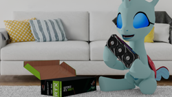 Size: 1920x1080 | Tagged: safe, artist:dianetgx, imported from derpibooru, ocellus, changedling, changeling, 3d, box, couch, graphics card, holding, looking at you, nvidia, sitting, smiling, smiling at you, unboxing
