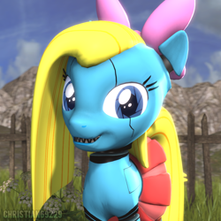 Size: 1000x1000 | Tagged: safe, artist:christian69229, imported from derpibooru, oc, oc only, oc:cuteamena, pony, robot, robot pony, 3d, animatronic, bust, female, looking at you, mare, portrait, sharp teeth, smiling, smiling at you, solo, source filmmaker, teeth