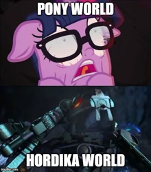 Size: 500x569 | Tagged: safe, imported from derpibooru, sci-twi, twilight sparkle, pony, robot, unicorn, equestria girls, equestria girls series, spring breakdown, spoiler:eqg series (season 2), bionicle, bloodshot eyes, comparison, comparisons, equestria girls ponified, glasses, imgflip, lego, matau, meme template, photo, screaming, unicorn sci-twi, web of shadows