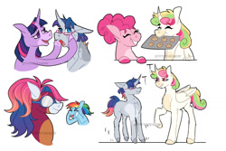 Size: 1280x854 | Tagged: safe, artist:primrosepaper, imported from derpibooru, pinkie pie, rainbow dash, twilight sparkle, oc, oc:bonnie, oc:cosmo, oc:nova, alicorn, pegasus, unicorn, cheek squish, clothes, cookie, dashface, food, goggles, multiple parents, offspring, older, older pinkie pie, older rainbow dash, older twilight, parent:applejack, parent:fluttershy, parent:pinkie pie, parent:rainbow dash, parent:rarity, parent:twilight sparkle, parents:omniship, so awesome, squishy cheeks, tray, twins, uniform