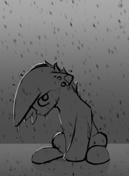 Size: 658x893 | Tagged: safe, artist:geljado, imported from derpibooru, oc, oc only, oc:broken symmetry, earth pony, pony, digital art, floppy ears, monochrome, rain, simple background, sketch, solo