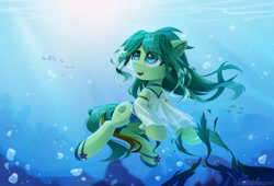 Size: 1920x1309 | Tagged: safe, artist:emeraldgalaxy, imported from derpibooru, oc, oc only, oc:spirit heart, earth pony, pony, bikini, bikini bottom, clothes, female, mare, shirt, solo, swimsuit, underwater